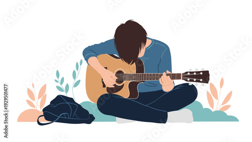 Young person sitting on the ground and playing an acoustic guitar in a peaceful outdoor setting with green plants in the distance.