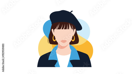 Stylized portrait of a fashionable woman wearing a dark blue beret and gold hoop earrings against abstract shapes and colors.
