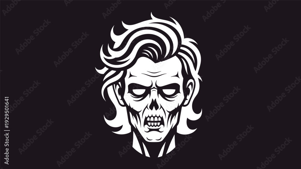 Obraz premium Scary white and black zombie head illustration with glowing eyes and messy hair for horror movies or halloween themes.