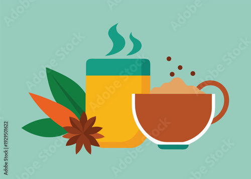 A flat vector illustration of masala tea in a mug with spices and leaves on a light blue background.