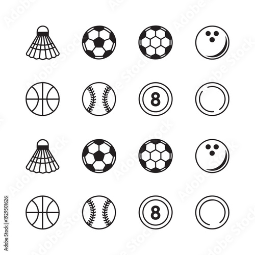 Collection of black and white sport icons including balls shuttlecocks and hoops