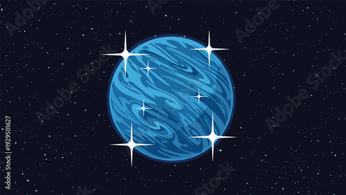 Distant blue planet surrounded by many shining stars in the dark expanse of the outer space and galaxy universe landscape.