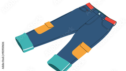 Trendy blue denim jeans with colorful orange patches and rolled-up cuffs representing youth fashion and modern street style.