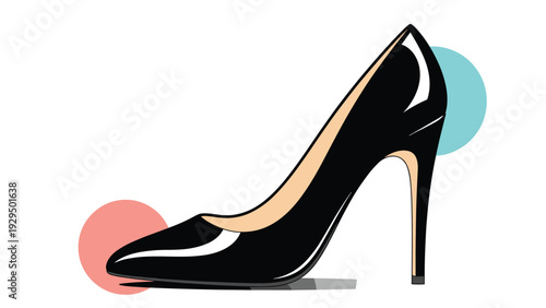 Elegant black stiletto high heel shoe for women shown in profile against a simple artistic background with colorful circles.