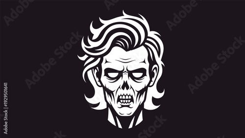 Scary white and black zombie head illustration with glowing eyes and messy hair for horror movies or halloween themes.