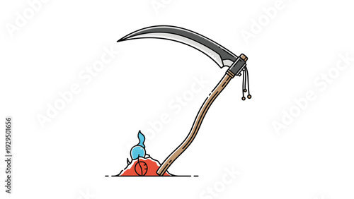 Long-handled metal scythe tool used traditionally for harvesting crops or associated with the grim reaper symbol in folklore.