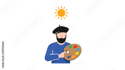 Male artist wearing a black beret and blue shirt holding a colorful paint palette under a bright sun icon in the sky.