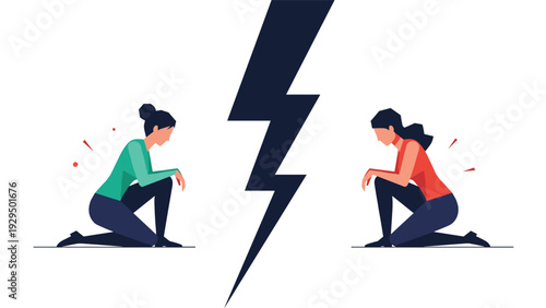 Two women kneeling and facing away from each other with a large lightning bolt in the center symbolizing conflict or tension.