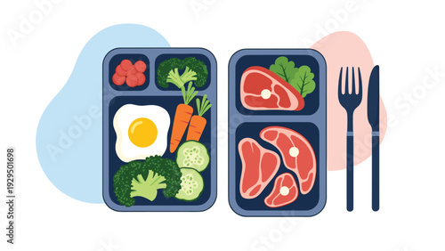 Two lunch boxes filled with a balanced meal of steak broccoli carrots cucumbers eggs and fruits for a healthy daily diet.