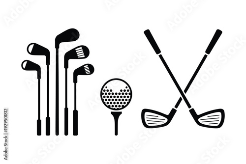 Golf clubs stylized silhouette with ball on tee isolated black vector illustration