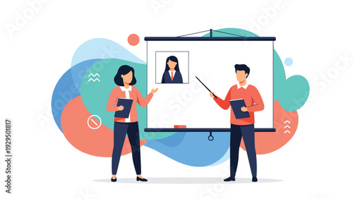 Business people conducting a presentation using a whiteboard with a portrait of a candidate for recruitment and hiring purposes.