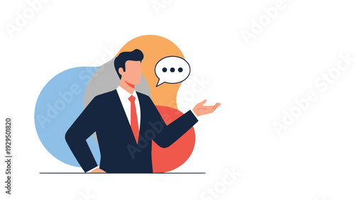 Corporate businessman wearing a suit and tie while speaking and presenting ideas with a speech bubble for effective communication.