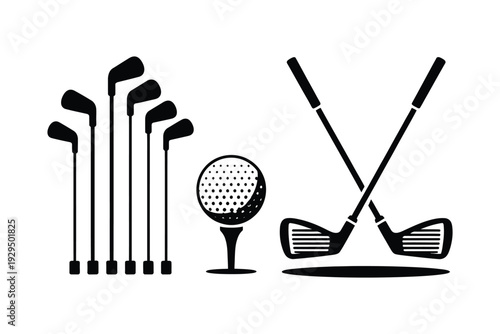 Golf clubs stylized silhouette with ball on tee isolated black vector illustration
