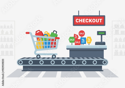 Supermarket checkout conveyor belt with shopping cart full of groceries.