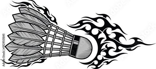 Stylized illustration of badminton shuttlecock with flame design, dynamic motion artwork symbolizing speed, energy, competitive spirit, sport intensity, and athletic performance concept