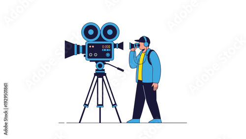 Professional filmmaker or camera operator wearing headphones while operating a large video camera mounted on a sturdy tripod.