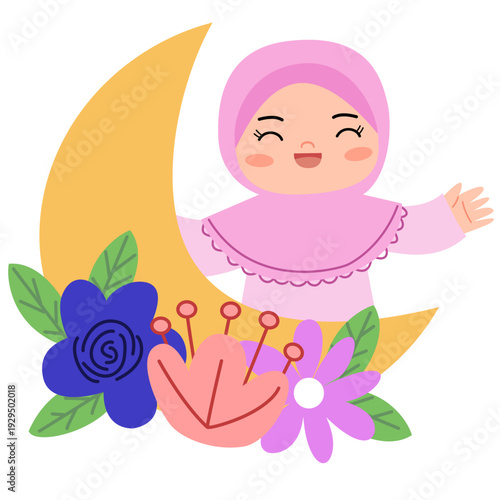 little girl with crescent and flower 
