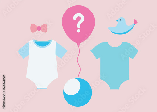 A flat vector illustration of gender reveal and baby shower items: a balloon, baby clothes, and a bird.