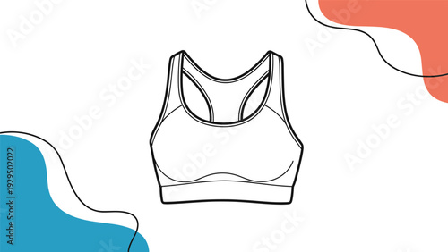 Outline icon of a women's sports bra used for athletic activities and fitness training against a colorful abstract background.