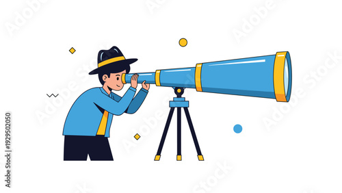 Young man wearing a hat and looking through a large telescope on a tripod to symbolize vision, discovery, and future planning.