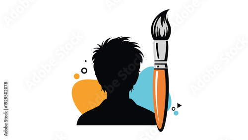 Silhouette of an artist with messy hair standing next to a large paintbrush representing creativity and fine art production.