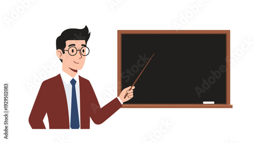 Male teacher wearing glasses and a suit pointing at a blank blackboard with a wooden stick in a classroom setting for education.