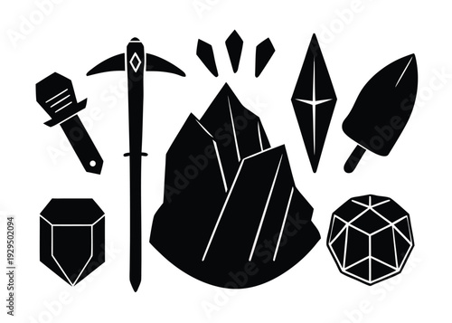 A collection of dark mineral crystals, a pickaxe, mallet, shovel, and faceted sphere silhouetted around rocks.