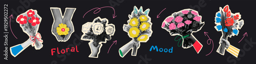 Hands holding flower bouquets collage set. Floral cut out stickers with vintage dot texture. Modern retro grunge mixed media vector illustration for festive events.