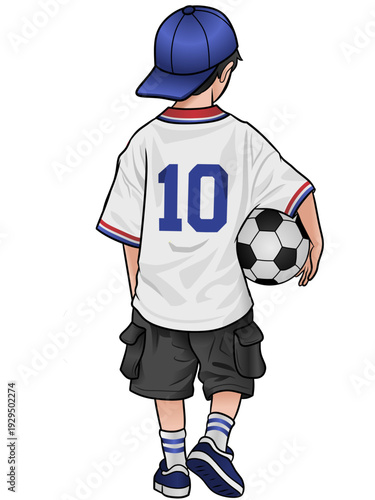 Vector of kid in sports jersey with cap holding soccer ball under arm, perfect for youth, team, football, and children sport illustrations