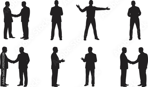Black silhouette illustrations of businessmen in professional interactions including handshakes, conversations, and gestures, symbolizing corporate communication, negotiation, teamwork, workplace 