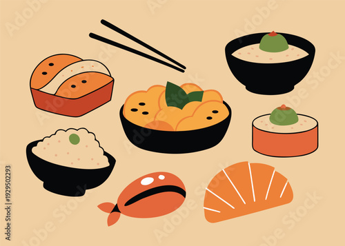 A flat illustration depicting various Japanese food items including sushi, bowls of rice, and chopsticks arranged.