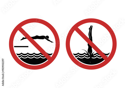 No diving and no jumping signs, prohibited swimming icons, warning symbols for safety and rules