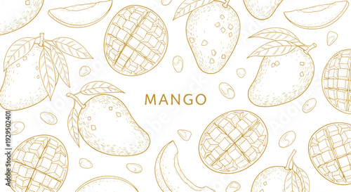 Mango line art seamless pattern. Elegant golden tropical fruit illustration with slices and leaves. Luxury botanical background for packaging and branding design.