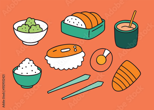 A flat illustration depicting various Japanese food items including sushi, bowls, and chopsticks on an orange background.