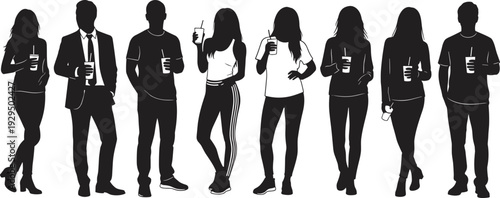 Black silhouette illustrations of diverse individuals standing in a row holding drink cups with straws, dressed in casual, athletic, and formal attire, symbolizing lifestyle and social gathering.
