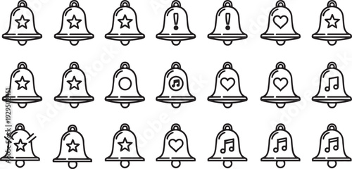 Collection of outline bells with stars hearts music notes and exclamation marks bell outline bell star