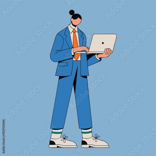Modern Business Woman Holding Laptop Character Flat Illustration Vector