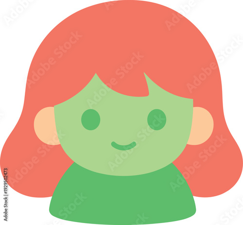 Cartoon woman with green skin and coral hair stands on a white background