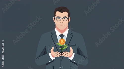 vector illustration of Businessman Hand Holding Bitcoin sprout