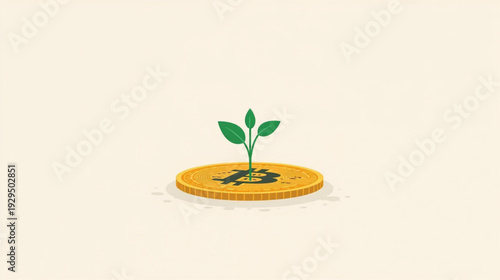 vector illustration of a seedling is growing on a Bitcoin lying on the ground. Bitcoin Investment. Bitcoin Green Growth