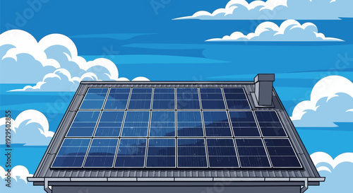 Solar Panels on a Rooftop Under a Blue Sky.