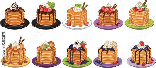 A professional collection of ten colorful pancake stack illustrations with various delicious toppings including chocolate syrup strawberries blueberries and whipped cream on a white background