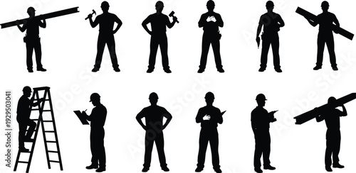 Construction workers silhouettes set, builders with tools and equipment isolated on white background for industry, labor, engineering, architecture, job roles design