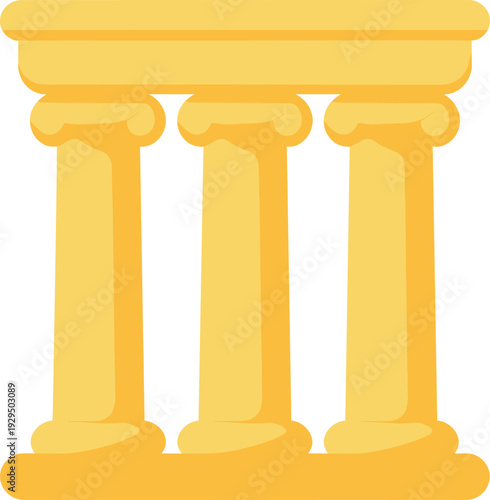 Ancient greek temple in flat design with three pillars of golden color