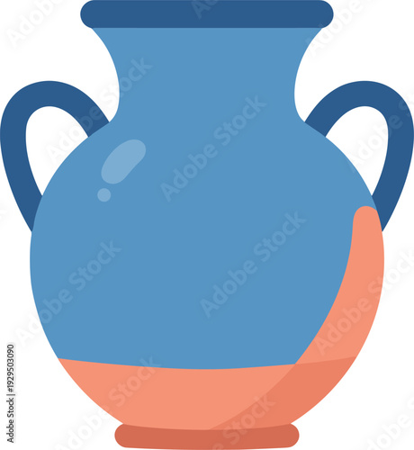 Blue amphora with handles and terracotta colored base stands on a white background