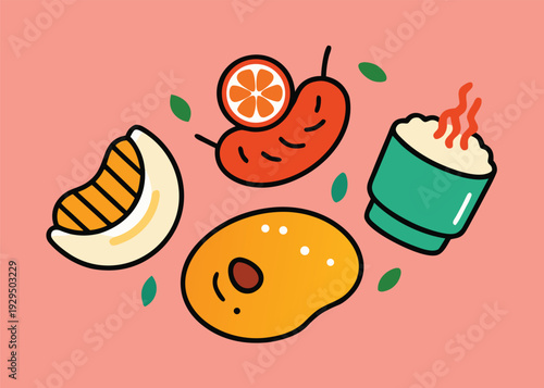 A collection of hand drawn doodle style brunch food items including sausage, orange slice, banana, steak, and rice bowl on pink background.