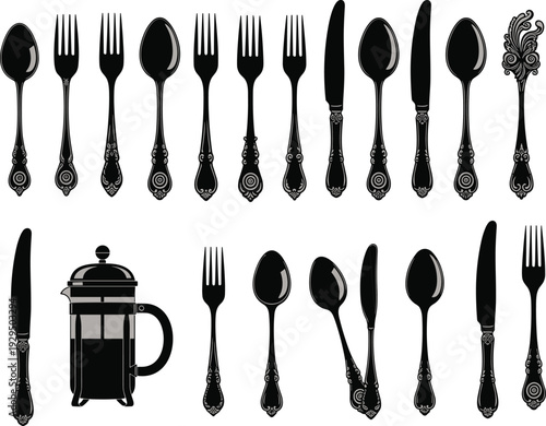 Vintage cutlery and French press illustration set featuring ornate spoons, forks, knives, and coffee maker designs for culinary, kitchenware, antique, and decorative concepts
