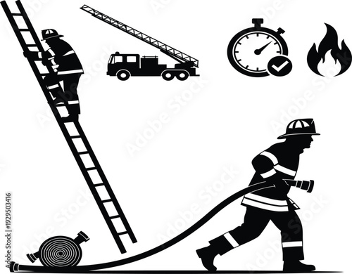 Firefighter in action with ladder and hose during emergency response