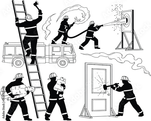 Firefighters in action rescuing and extinguishing a fire in a building