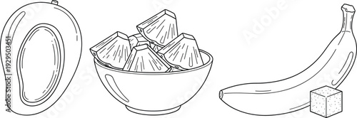 Tropical fruit line art vector set. Avocado, pineapple bowl and banana outline illustrations. Black and white healthy food collection isolated on white background.